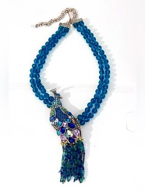Heidi Daus Peacock Teal Multicolor Jeweled Tassel Necklace